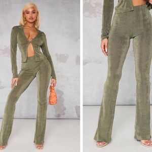 Khaki Slinky Flared Pants and button up long sleep top